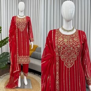 Elegant Red and White Embroidered Dress